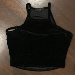 Black velvet side slit crop top